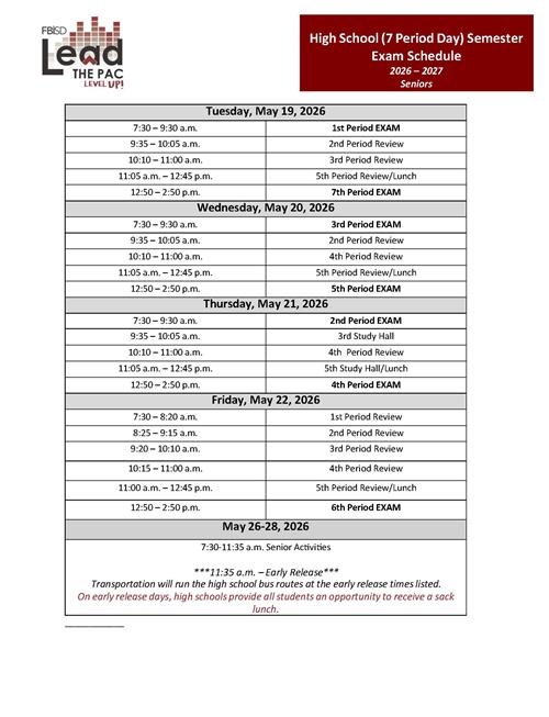 Senior exam schedule